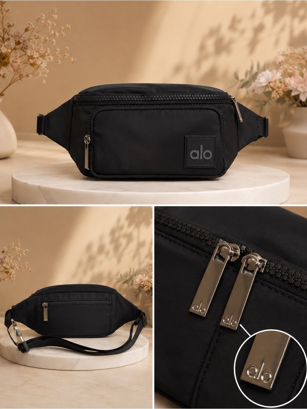 Black women’s  Belt Bag with Metal Zip Accents